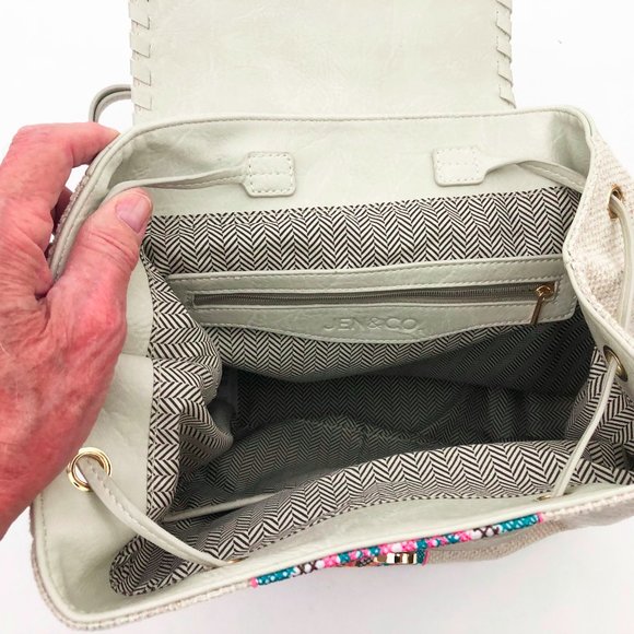 Jen and Co. Tribal Back Pack Vegan Leather Embroidered Woven Pattern Ivory Cream - Picture 5 of 7